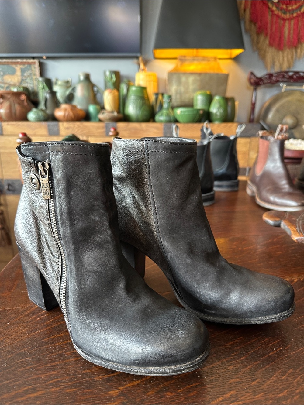A.S.98 Airstep Luxurious Black Distressed Leather Ankle Booties. Side Zip